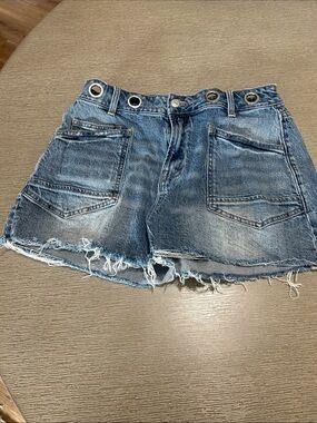 Flying Monkey Distressed Blue Denim Grommet Waist Shorts